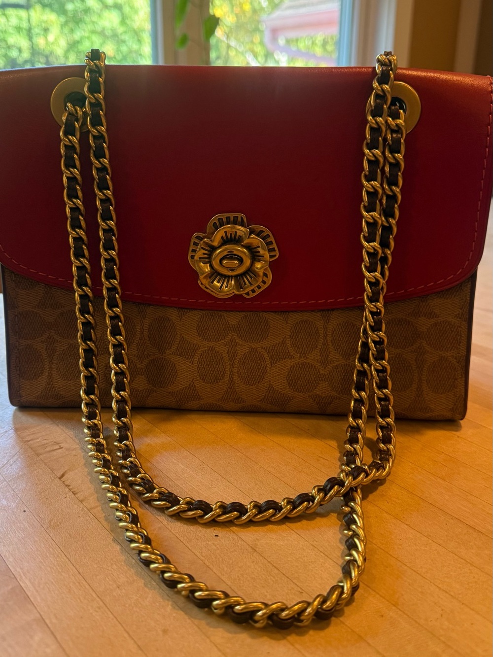 Coach Red Leather-Trim Signature Tote with Floral Turnlock
